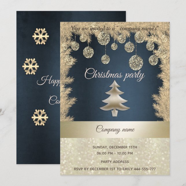 Invitation Gold marine bleu entreprise fête de Noël (Devant / Derrière)
