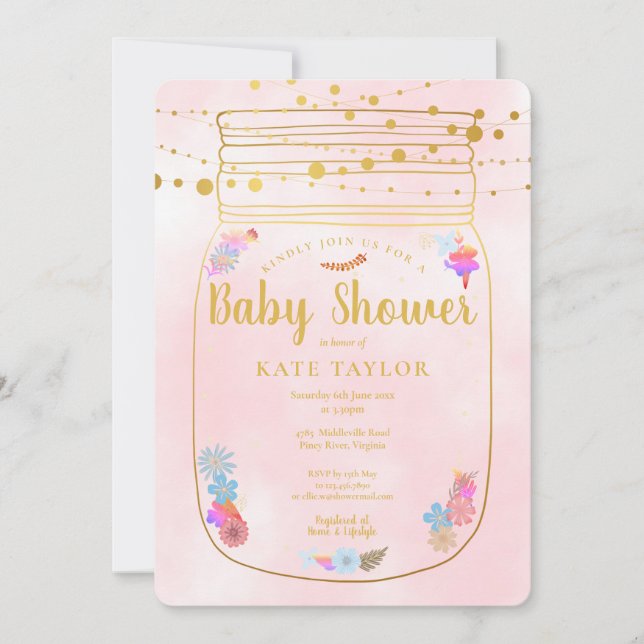 Invitation Gold Mason Jar String éclats Baby shower rose (Devant)