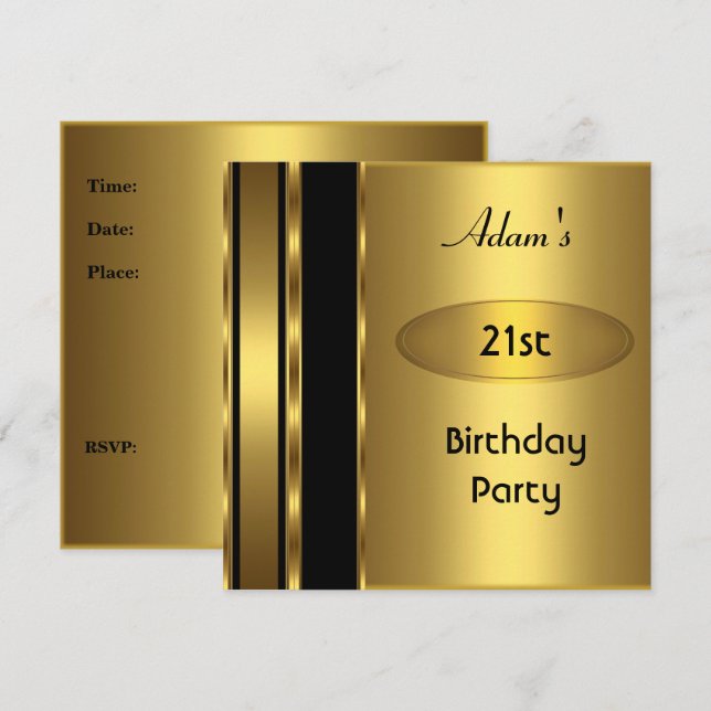 Invitation Gold Metal Black Mens 21e anniversaire de fête hom (Devant / Derrière)
