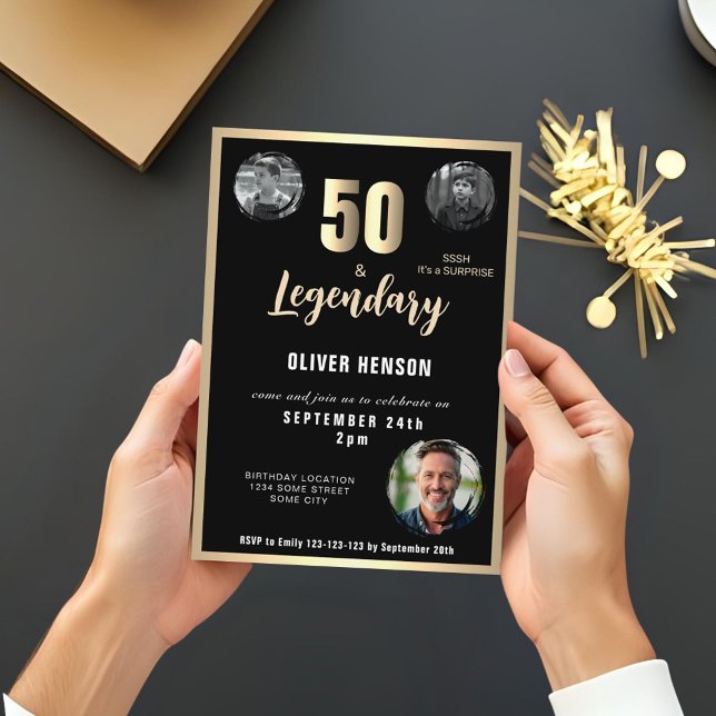 Invitation Gold Metallic Surprise 3 Photo 50e anniversaire (Créateur téléchargé)