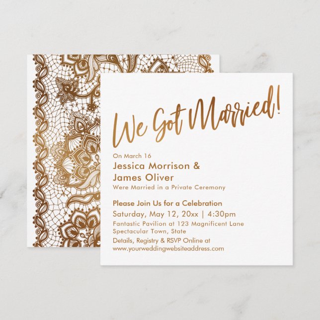 Invitation Gold Modern Script & Dentelle Nous Avons Été Marié (Devant / Derrière)