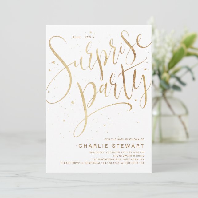 Invitation Gold Modern Script N'importe quel âge Surprise fêt (Debout devant)