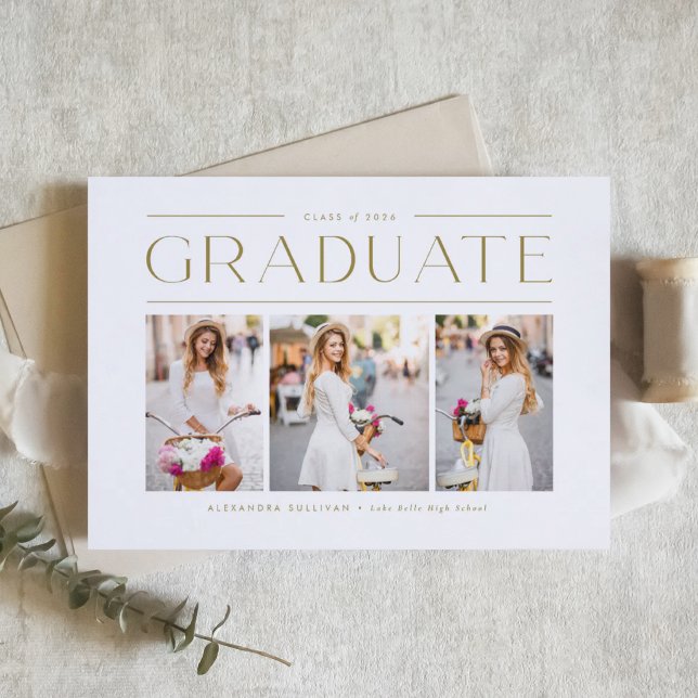 Invitation Gold Modern Typographie Photo Collage Graduation (Customizable photo collage graduation invitation featuring minimalist typography. )