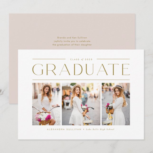 Invitation Gold Modern Typographie Photo Collage Graduation (Devant / Derrière)