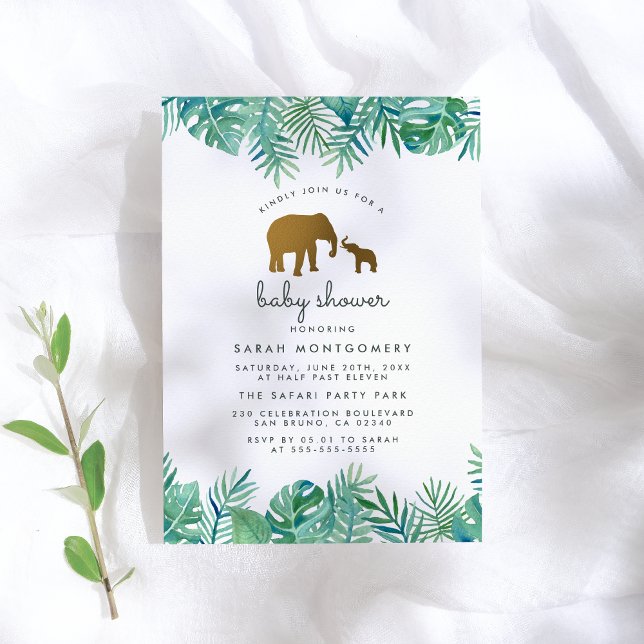 Invitation Gold Mom & Baby Elephant Jungle Baby shower Feuill (Créateur téléchargé)