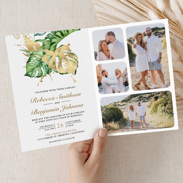 Invitation Gold Monstera Tropical Palm QR Code Wedding (Créateur téléchargé)