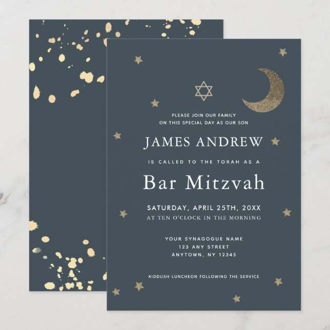 Invitation Gold Moon & Stars Marine Blue Bar Mitzvah (Devant / Derrière)