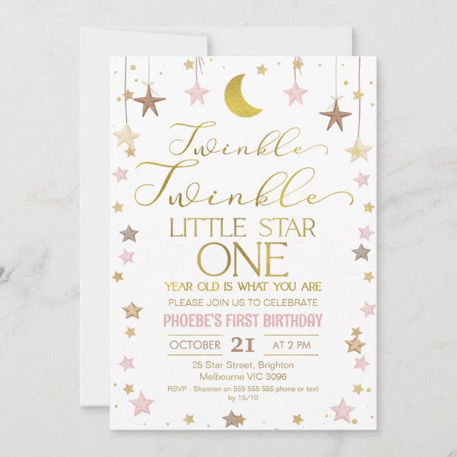 Invitation Gold Moon Twinkle Little Star 1er anniversaire (Devant)