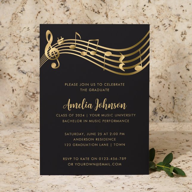 Invitation Gold Music Notes Script Graduation Party (Créateur téléchargé)