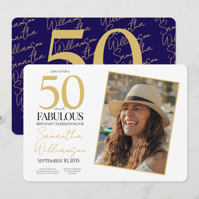 Invitation Gold & Navy | 50th Fabulous Photo Birthday Party (Devant / Derrière)
