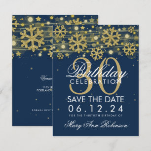Invitation Gold Navy Blue 30th Birthday Save Date hiver