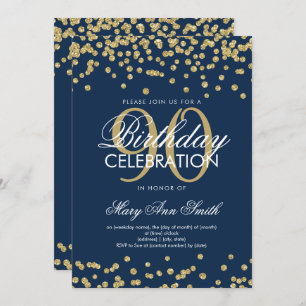 Invitation Gold Navy Blue 90th Birthday Parties scintillant C
