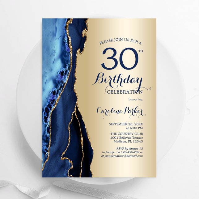 Invitation Gold Navy Blue Agate 30e anniversaire (Créateur téléchargé)