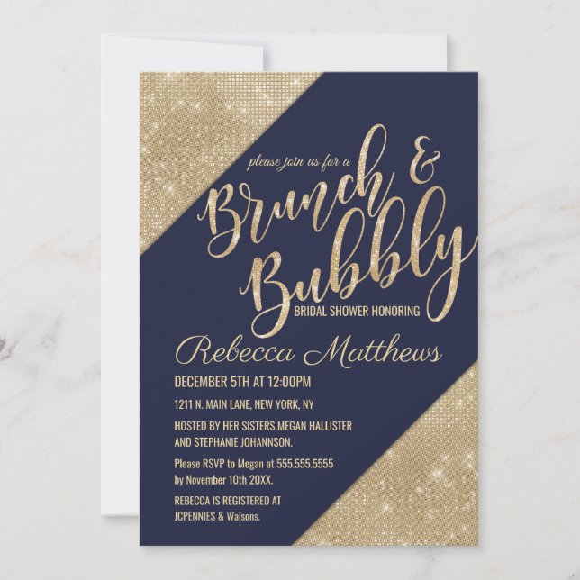 Invitation Gold Navy Blue Faux Parties scintillant Sequin Bru (Devant)