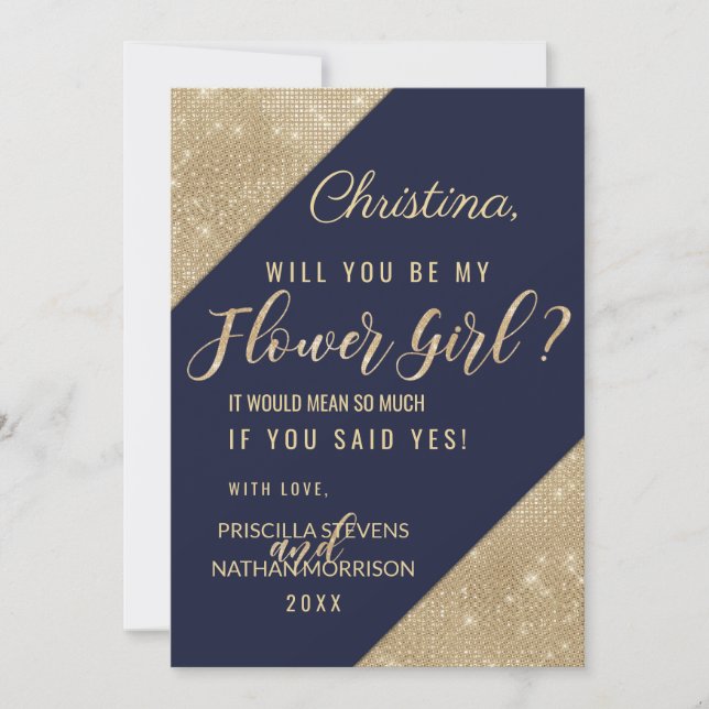 Invitation Gold Navy Blue Faux Parties scintillant Sequin Flo (Devant)