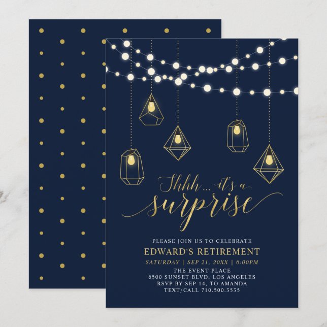 Invitation Gold & Navy Blue Moderne Surprise Retraite Party (Devant / Derrière)