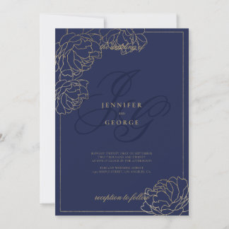 Invitation Gold navy blue monogram initals floral wedding