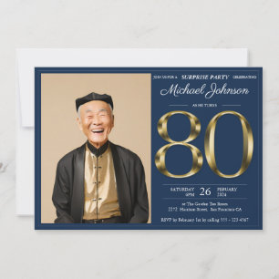 Invitation Gold Navy Blue Photo Surprise 80e anniversaire