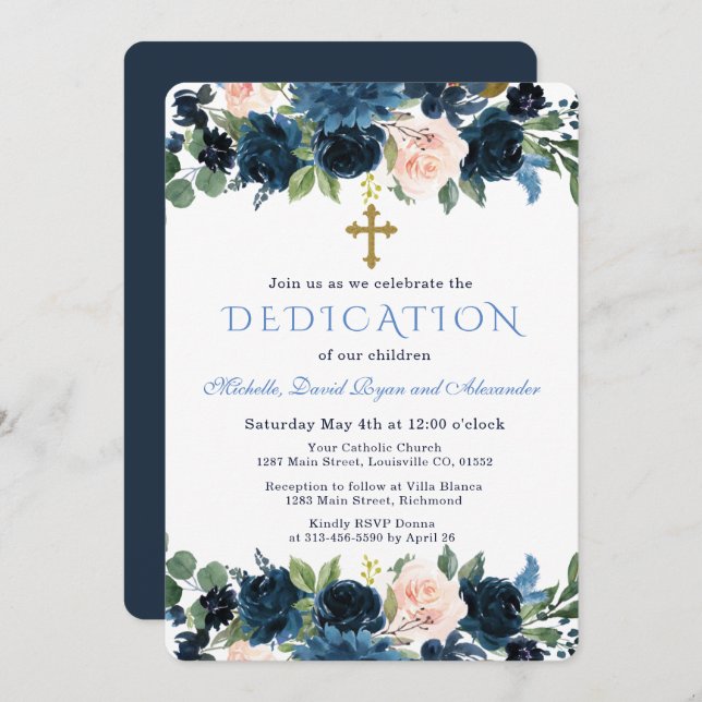 Invitation Gold Navy Blue Pink Floral Triplets Dedication (Devant / Derrière)