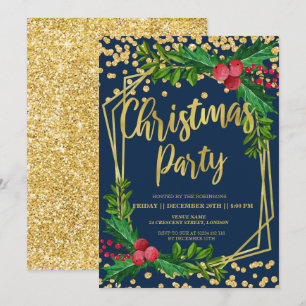 Invitation Gold Navy Holly Parties scintillant Confetti Noël