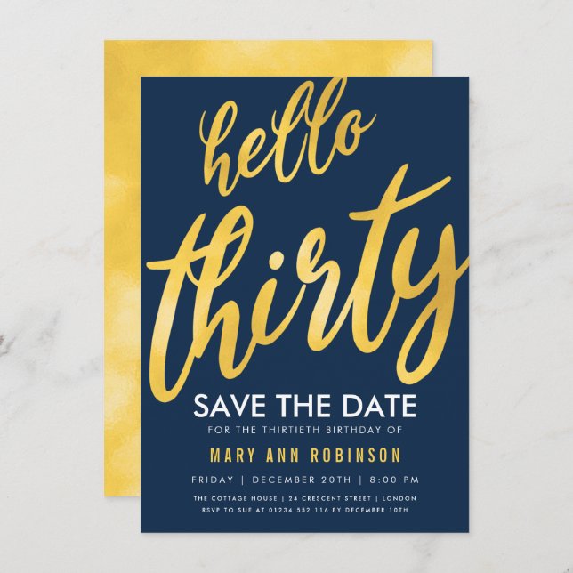 Invitation Gold Navy Save Date Trente Anniversaire (Devant / Derrière)