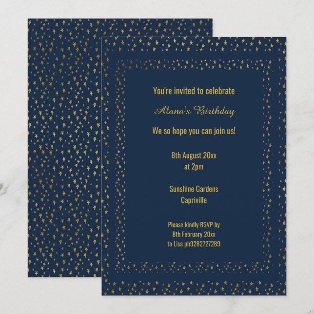 Invitation Gold Navy Star Motif moderne Anniversaire personna (Devant / Derrière)