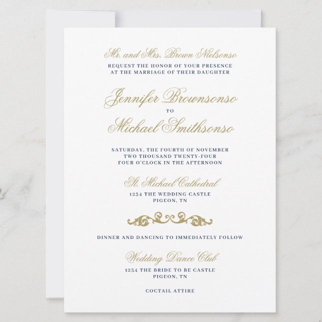 Invitation Gold Navy Textes Mariage signature simple (Devant)