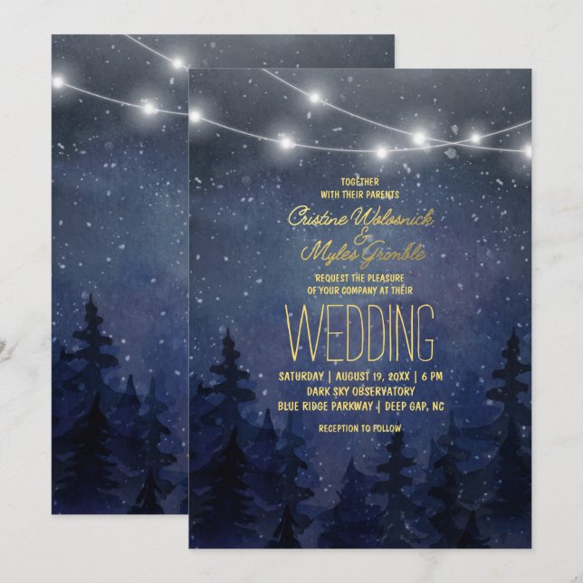Invitation Gold Night Sky Forest Mariage | Lumières de chaîne (Devant / Derrière)