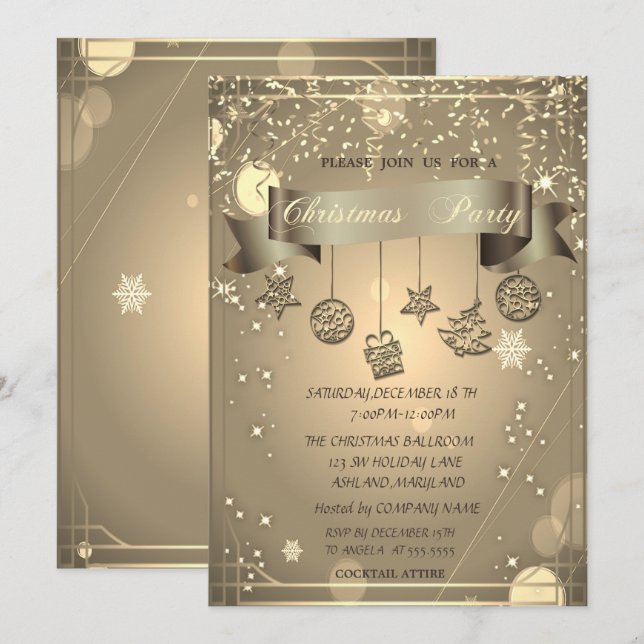 Invitation Gold, Noël Ornements Société Fête de Noël (Devant / Derrière)