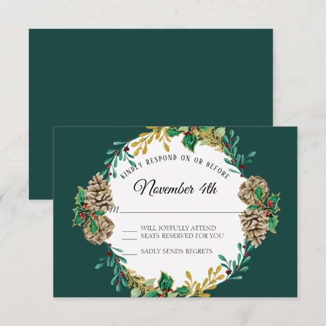 Invitation Gold Noël RSVP Vert Wreath Aquarelle (Devant / Derrière)