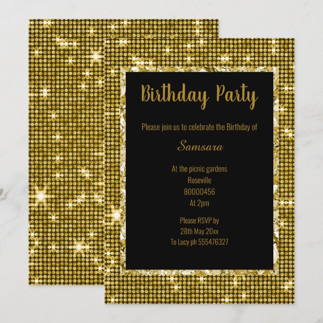 INVITATION GOLD NOIR DISCO THÈME TOUTE OCCASION ANNIVERSAIRE  (Devant / Derrière)