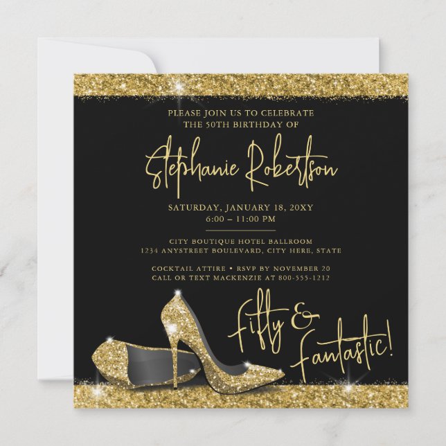 Invitation Gold Noir talons hauts Carré de fête d'anniversair (Devant)