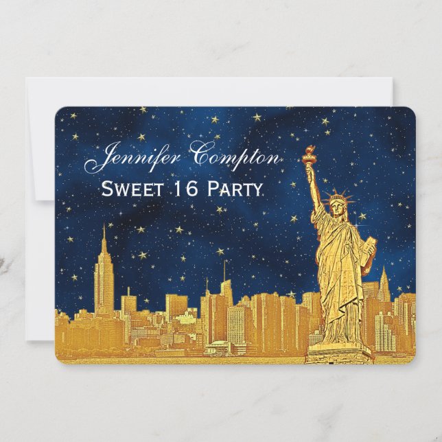 Invitation Gold NYC Skyline #2 Etch Blue Starry BG H Sweet 16 (Devant)