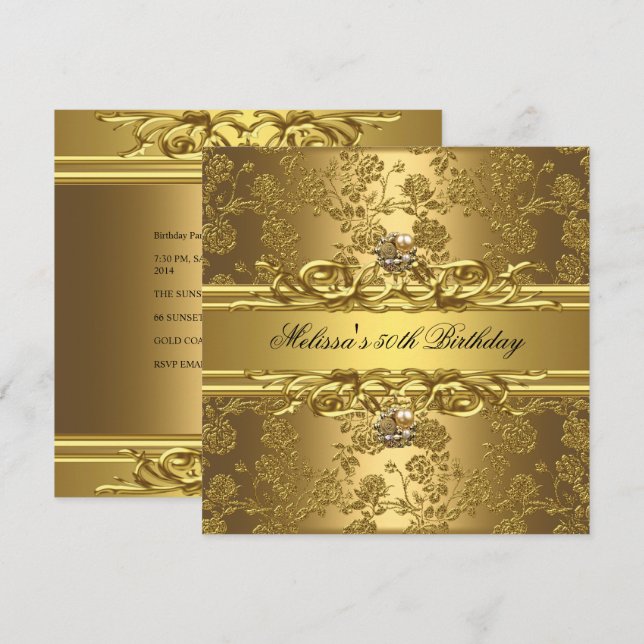 Invitation Gold On Gold 50th Birthday Party Bijoux Floral (Devant / Derrière)