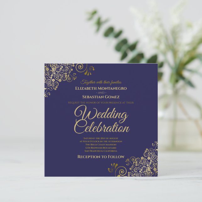 Invitation Gold on Navy Simple Elegant Carré Mariage (Debout devant)