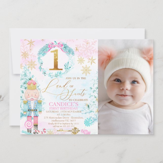 Invitation Gold One Land of Sweets Nutcracker Photo Anniversa (Devant)