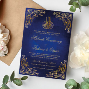 Invitation Gold Ornate Bleu Islamique Henné Cérémonie Mehndi