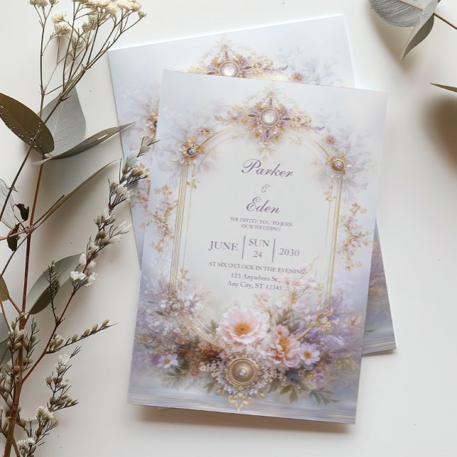 Invitation Gold Oval Frame Blush Floral Jewel Elegant Wedding (Créateur téléchargé)