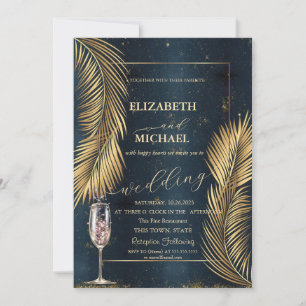 Invitation Gold Palm Feuille Plage Champagne Mariage en verre