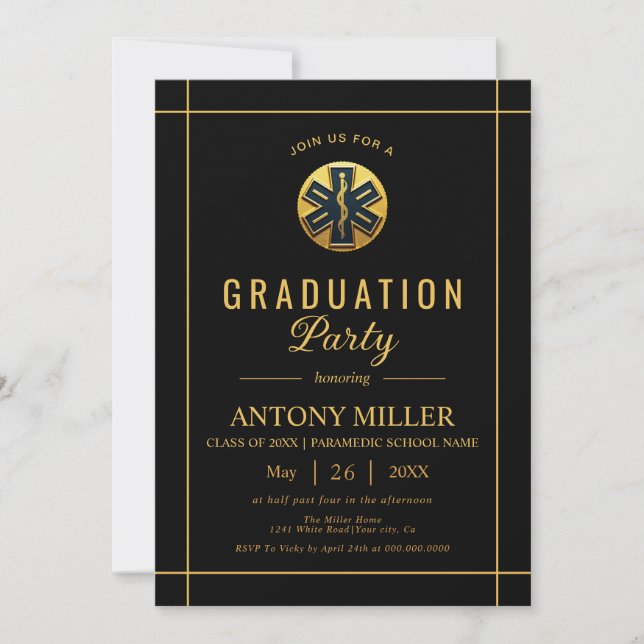 Invitation Gold paramedic EMT Class Of 2025 black graduation (Devant)