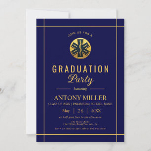 Invitation Gold paramedic EMT Class Of 2025 blue graduation