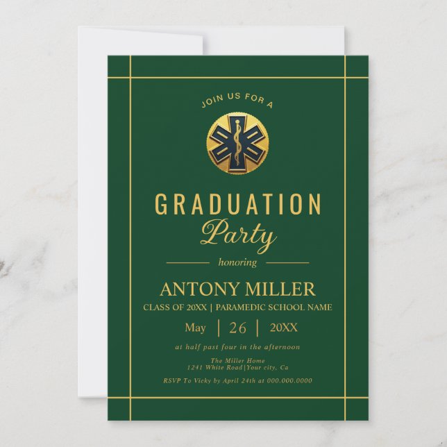 Invitation Gold paramedic EMT Class Of 2025 green graduation (Devant)