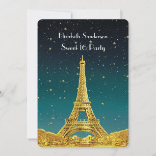 Invitation Gold Paris Skyline #2 Turquoise Starry Sweet 16 V