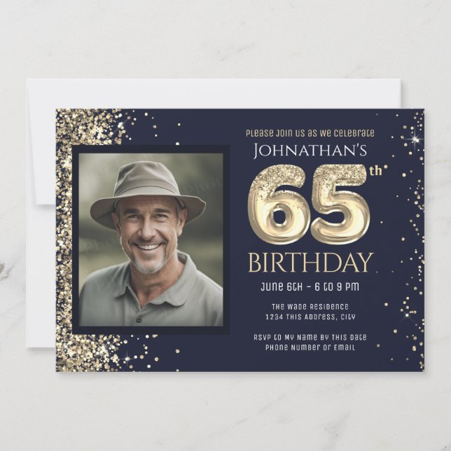 Invitation Gold Parties scintillant Blue Photo 65th Birthday  (Devant)