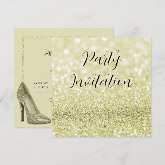 Invitation Gold Parties scintillant Bokeh & Stilettos Anniver (Devant / Derrière)