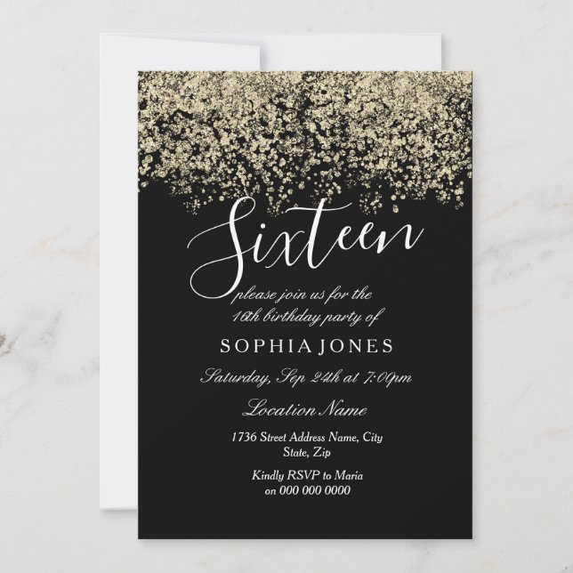 Invitation Gold Parties scintillant Confetti Black 16e annive (Devant)