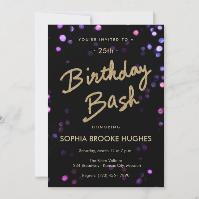 Invitation Gold Parties scintillant & Confetti Lumières Anniv (Devant)