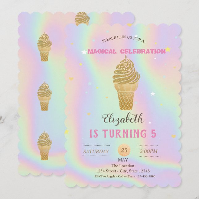 Invitation Gold Parties scintillant Crème glacée Holographiqu (Devant / Derrière)