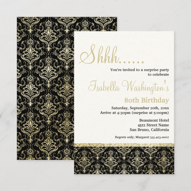 Invitation Gold Parties scintillant Damask 80e fête d'anniver (Devant / Derrière)