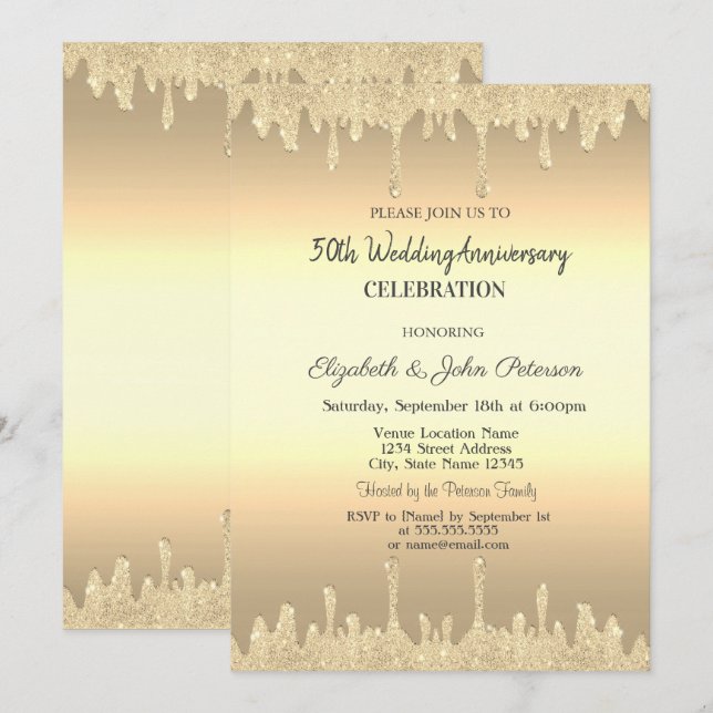 Invitation Gold Parties scintillant Drives Gold Mariage Anniv (Devant / Derrière)